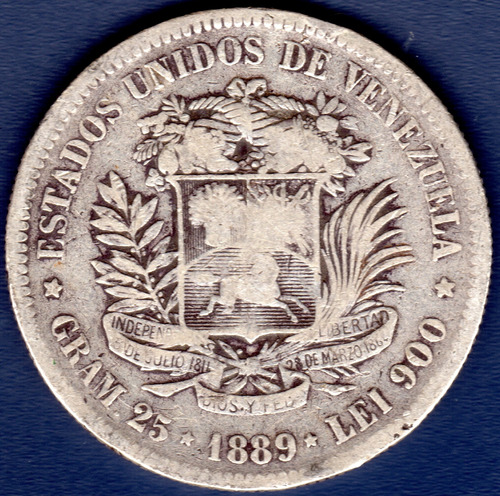 Moneda De 5 Bolívares Del Año 1889 Fuerte De Plata