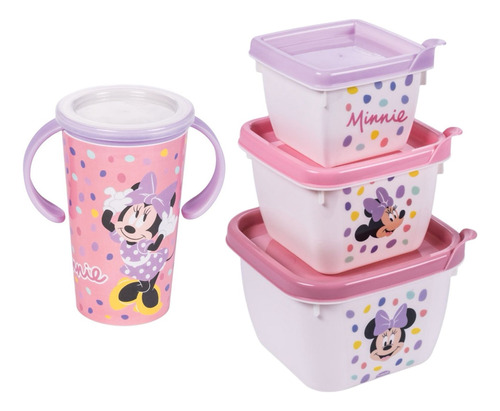 Kit Lancheira Infantil Copo E 3 Potes Mickey Minnie Disney