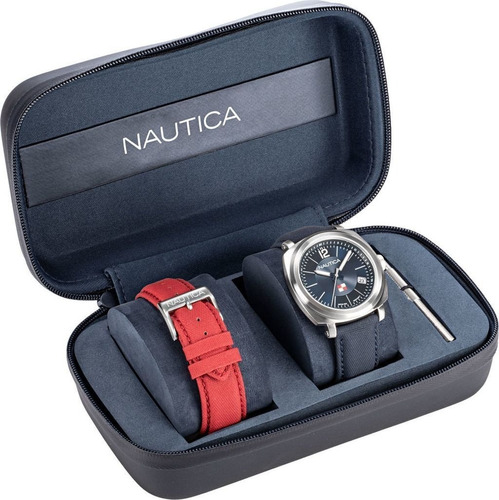 Set Reloj Náutica Nappgp901 Formal Pulso Azul Y Rojo Navidad