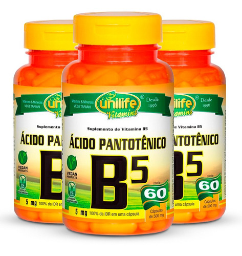 Kit 3 Vitamina B5 Ácido Pantotênico 60 Cápsulas Unilife.