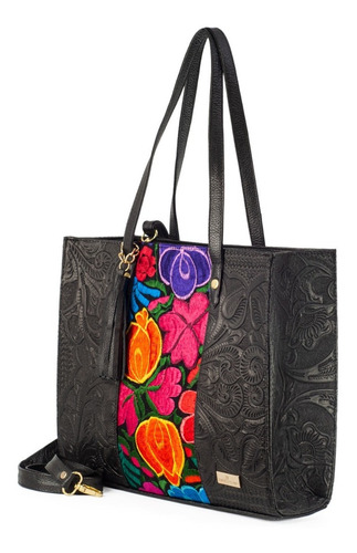 Imagen 3 de 7 de Bolsa De Piel Con Telar Artesanal Y Asa Ajustable Bolso Dama