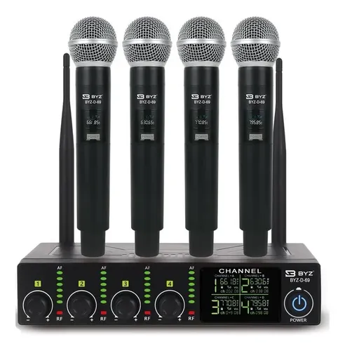 Sistema Microfone Sem Fio Byz 4 Canais Uhf Profissional Preto