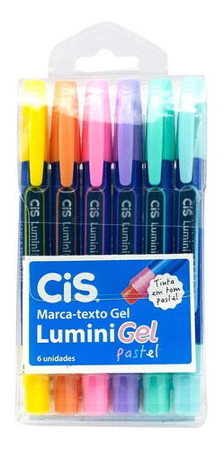 Kit Caneta Marca Texto Cis Lunini Gel Pastel Estojo 6 Cores