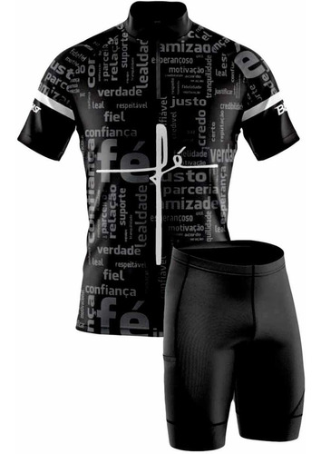 Conjunto Camisa E Bermuda Ciclismo Fé Preta E Cinza