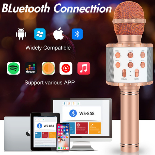 Karaoke Machine Winique For Kids Bluetooth W/ Led Rose Gold