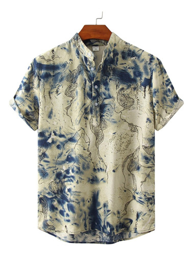 Camisa Manga Corta Hippie Algodón Lino Henley Para Hombres 