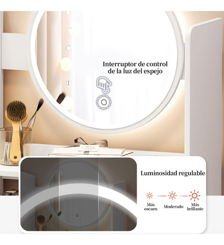 Tocador De Madera Multifuncional Con Led Espejo Y Sillas Blanco Brillante