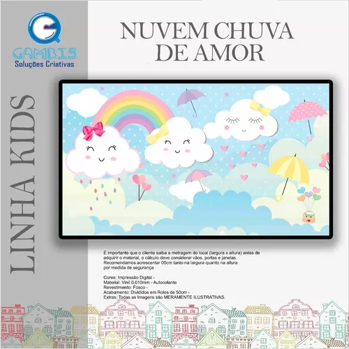 Papel De Parede Infantil Para Menino Nuvem Chuva de Amor - 2,5mx50cm