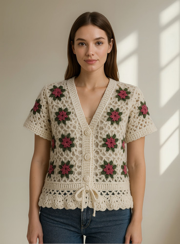 Sweater Lana Mohair Crochet Calado Flores Rosas 3d Y Brillos
