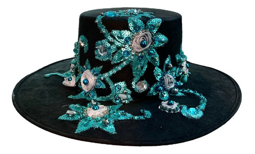 Sombrero De Gamuza Negro, Bordado Con Flores Azul Y Plata