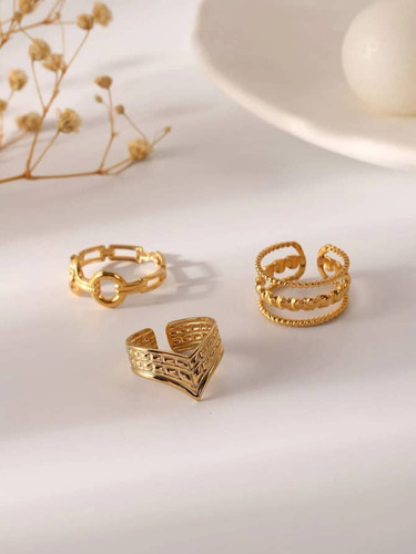 Pack De 3 Anillos Ajustables En Acero Inoxidable Dorado