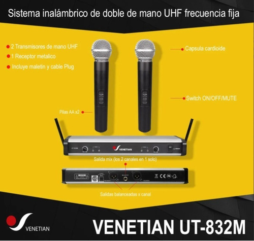 Micrófono Inalámbrico Uhf Venetian Ut-832m Doble