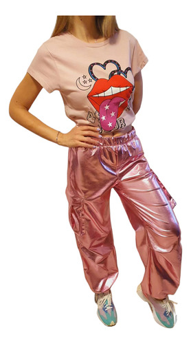Pantalón Mujer Parachute Metalizado Cargo Moda Plata Rosa