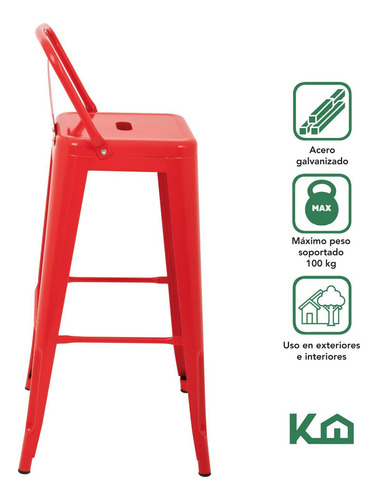 Set De 2 Sillas Banco Alto Con Respaldo Tipo Tolix Vintage Hogar Color Rojo KingsHouse