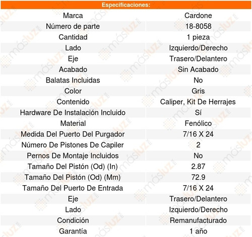 1 Caliper Freno Trasero/delantero 3400 1998 Al 2002 (Reacondicionado)