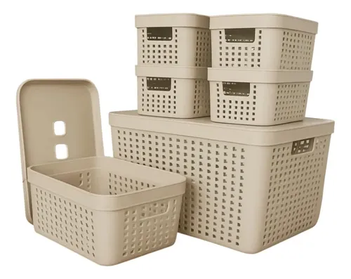 Kit 6 Caixas Organizadoras Com Tampa Invisivel 2l 4,5l 17l Cor Bege