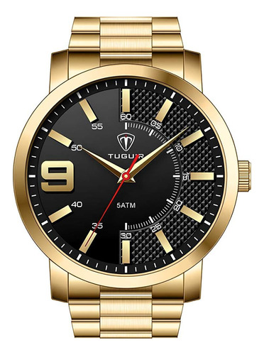 Relógio de pulso Tuguir TG119 com corpo dourado,  analógico, para masculino, fundo  preto, com correia de metal cor dourado, agulhas cor dourado e vermelho, subdials de cor dourado