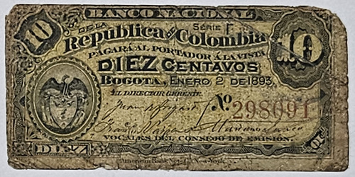 Billete 10 Centavos 02/ene/1893 Banco Nacional Colombia F-vf