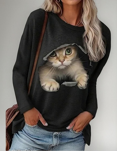 Playera De Cuello Redondo Con Estampado De Gatos Para Mujer