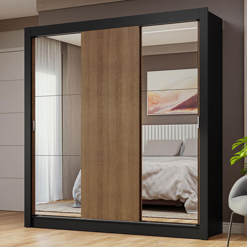 Ropero Closet Madesa 3 Puertas 2 Espejos Nm Color Negro/Rustic