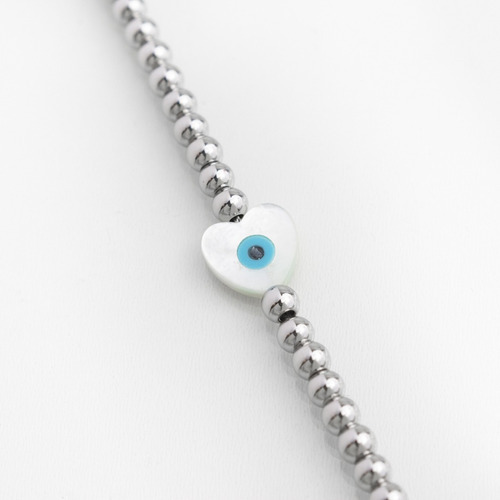 Pulsera Bolitas Y Dije Corazón Nácar Con Ojo Turco. Acer 