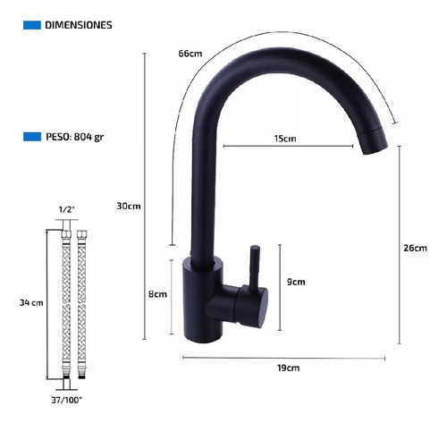 Canilla Grifería Monocomando Cocina Mesada Pico Cisne Negra Color Negro