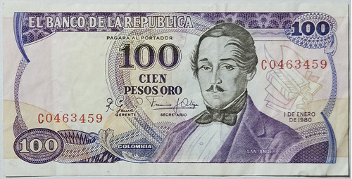 Billete 100 Pesos 01/ene/1980 Prefijo C Colombia Vf-xf