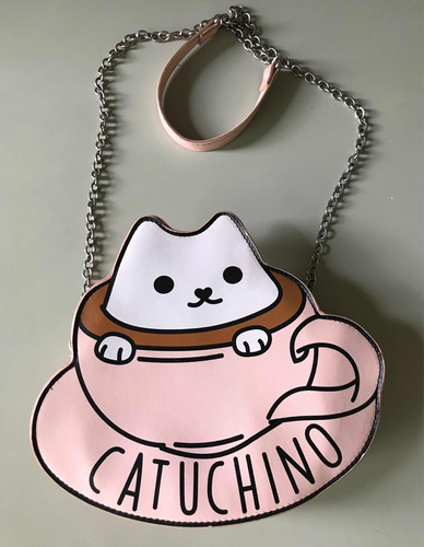 Cartera Mini Cute Kawaii Gato Cat Rosa Bandolera Ecocuero 