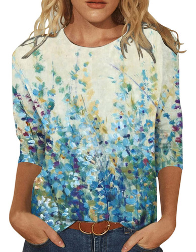 Blusa Suelta Para Mujer Casual Verano Estampado Floral Manga