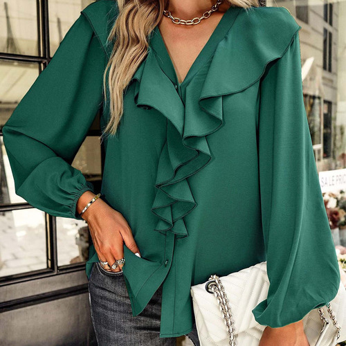Elegante Estilo Viento, Color Liso, Cuello En V, Plisado, Pa