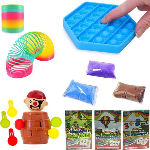 Kit Brinquedo Mola Massinha Popit Pula Pirata Jogos Memoria