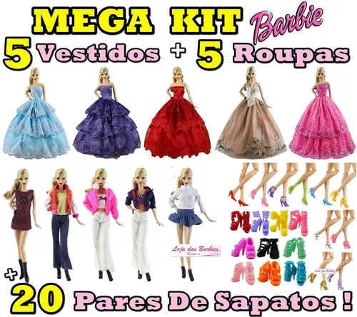 PACOTE ESPECIAL* 05 Roupas Fashion Para Barbie + 10 Pares de