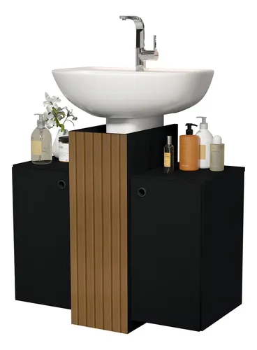 Mueble de baño Demetrio Cabinet, lavabo con columna, 2 puertas, color negro rasgado