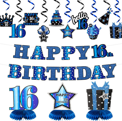 Japbor 16º Cumpleaños Azul Negro Banner Decoraciones De Fies