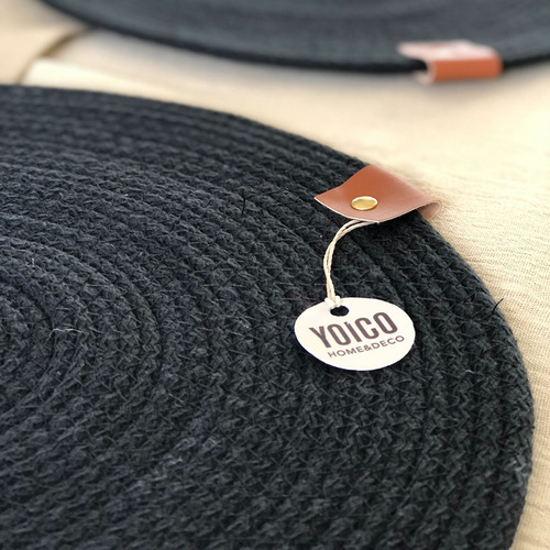 Individual Redondo Moderno Negro De Algodón + Posavasos X6 Negro Liso