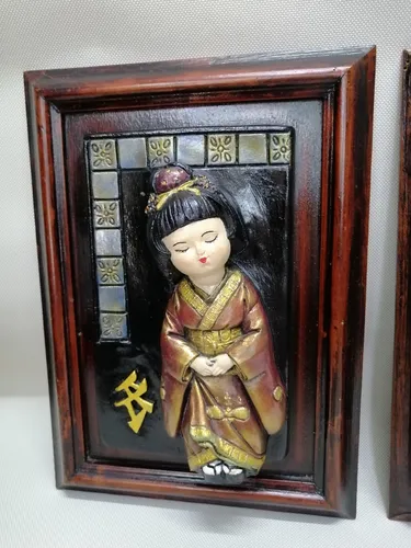 Cuadro Japonés Antiguo En Madera Y Ceramica Al Oleo Relieve (Usado)