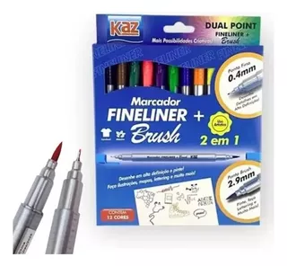Fineliner Dual Point 2 Em 1 - Caneta 12 Cores Brush Pen