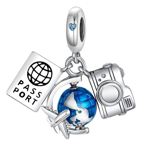 Charm Viaje Pasaporte Avión Globo Tierra - Plata De Ley S925