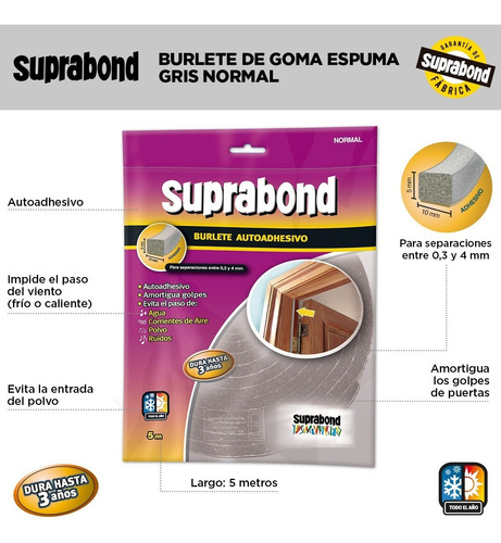 Imagen 2 de 6 de Burlete Suprabond Goma Espuma Normal Gris 5 Metros