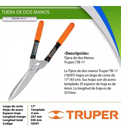 Imagen 2 de 7 de Tijera De Podar Corta Cerco Liviana Truper 17'' 18397