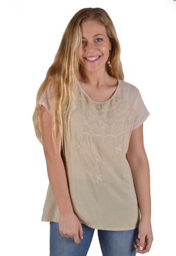 Polera Bordada Con Gasa Beige Alxandra Cid