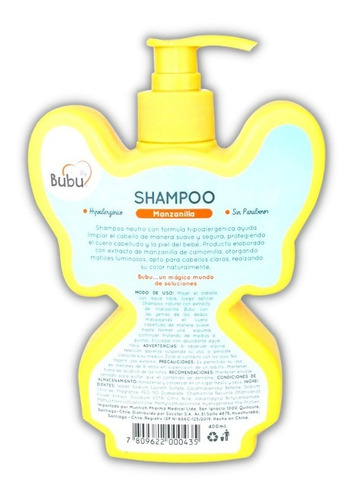 Shampoo Para Niños 400 Ml Hipoalergénico Manzanilla Bubu !!