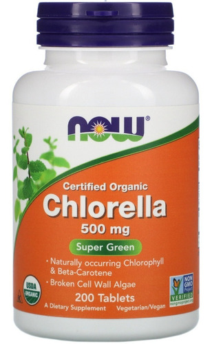 Now Foods Chlorella - Clorela Organica 500 Mg -  200tabs - Sin sabor