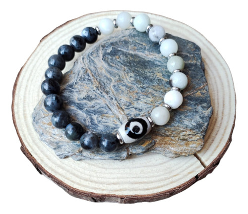 Pulsera Hombre Protección Ágata Tibetana Amazonita Larvikita