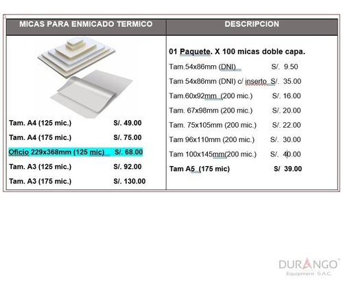 Micas P/ Enmicadora Tam Dni Con Inserto Blanco