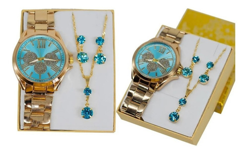 Relógio Feminino Dourado + Kit Colar E Brinco Foliado + Caix