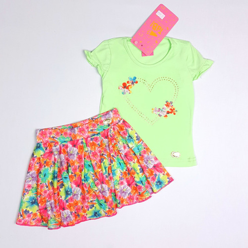 Conjunto Infantil Feminino Shorts-saia Floral Com Strass 