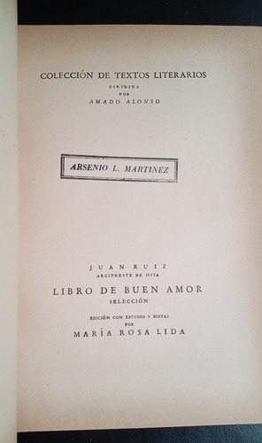 Libro De Buen Amor Selección Juan Ruiz Arcipreste Hita 1941 (Usado)