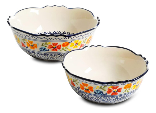 Juego De Cuencos Cerámicos Blancos Con Azul - 10x8 PuLG