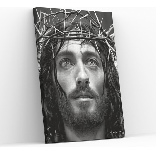 Quadro Jesus Cristo Cora De Espinho Preto Branco 60x90cm